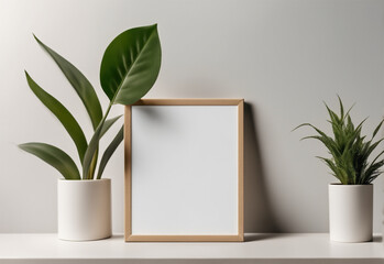 A mock-up of a painting showing a small-sized square canvas standing next to plants. High quality photo.