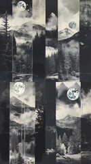 Mountain Landscape Mixed Media Collage Black and White Photography Forest Pine Trees Muted Nature Natural