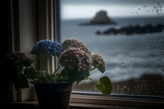 through the window I see my garden with hydrangeas and the sea in the distance with some rocky islands its raining there are drops on the glass natural lighting shot on Canon EF 85mm f11 USM Prime 