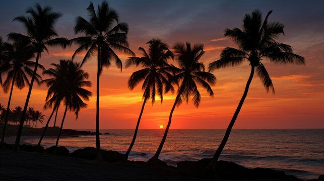 early morning sky, at the break of dawn, a row of tall palm trees stands as dark silhouettes against the first light of day
