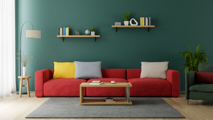 A living room interior with a red sofa with a wooden floor on a green wall, 3d rendering