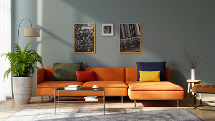 Living room interior with orange color sofa with gray wall, 3d rendering