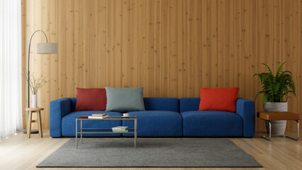 Soft-lighted living room interiors with wooden walls and blue sofas on the floor, 3d rendering