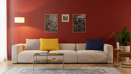 Living room interiors finished with a red wall and a wood floor with an ivory sofa, 3d rendering