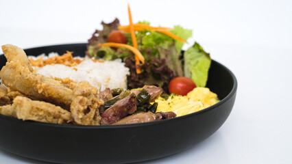 Green Chili Squid with Rice, Crispy Fried Mushroom, Scrambled Egg, and Vegetables