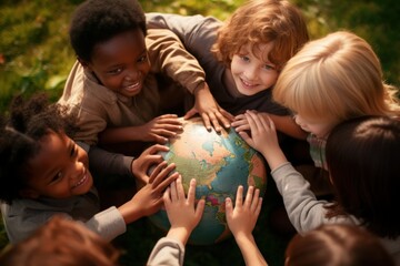 A group of children holding hands and forming a circle around a globe , Protecting environment. world peace concept, generative ai - obrazy, fototapety, plakaty
