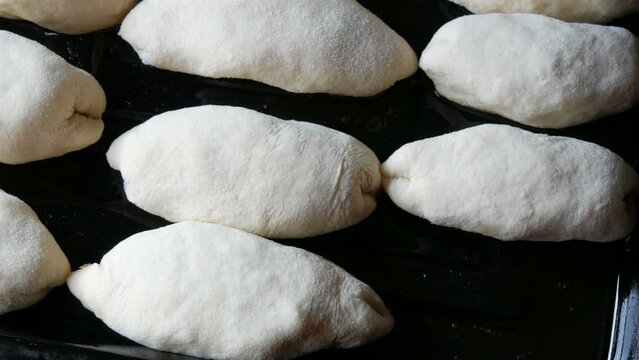 Homemade cakes raw dough on a special metal baking sheet in a rustic style. The dough in the form lies ready for the oven in a row