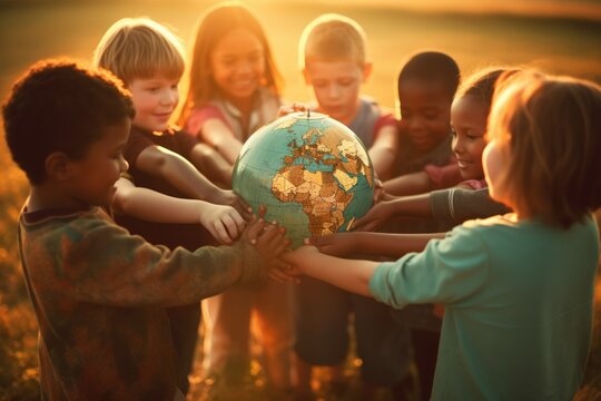 A group of children holding hands and forming a circle around a globe , Protecting environment. world peace concept, generative ai