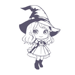 Happy young cute witch girl sketchbook cartoon style. Long curly hair and big anime style eyes. Halloween relative smiling character