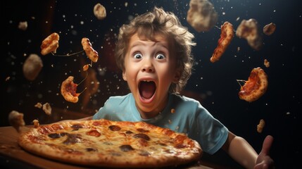 Pizza lover.Happy boy's face surrounded by pizza slices.Fictional person.Happy boy eating pizza at...