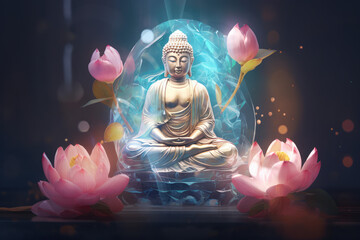 Glowing golden Buddha meditates on a lotus flower