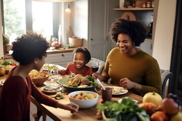 Fototapeta na wymiar Happy African American family having Thanksgiving lunch at dining table.