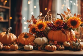 This photo shows a festive and colorful table decoration with pumpkins and sunflowers.