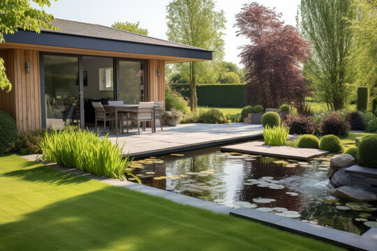 back garden with artificial grass, grey paving slab patio, summer house garden timber outbuilding, fish pond
