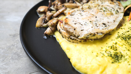 Irish Chicken with Sauteed Mushrooms, Creamy Mashed Potatoes, and a Medley of Fresh Vegetables