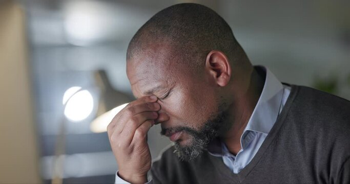 Black man, senior and headache, stress or burnout with business deal fail and mistake at company. Work crisis, negotiation disaster and migraine with face and corporate employee with brain fog