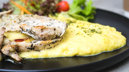 Irish Chicken with Sauteed Mushrooms, Creamy Mashed Potatoes, and a Medley of Fresh Vegetables