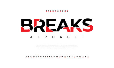 Breaks creative modern urban alphabet font. Digital abstract moslem, futuristic, fashion, sport, minimal technology typography. Simple numeric vector illustration