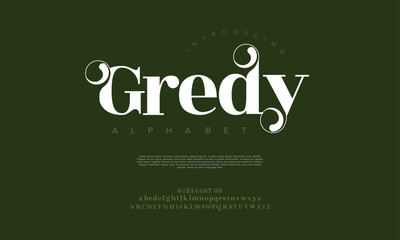 Gredy premium luxury elegant alphabet letters and numbers. Elegant wedding typography classic serif font decorative vintage retro. Creative vector illustration