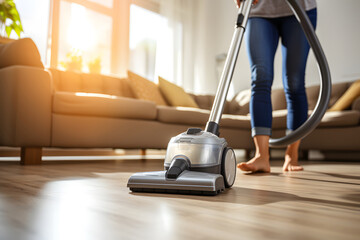 a woman Cleaning Carpet With Vacuum Cleaner - obrazy, fototapety, plakaty