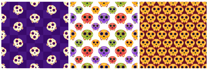 Set of Dia de Muertos Seamless Pattern Illustration with Day of the Dead and Skeleton Element in Mexican Design