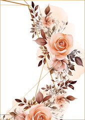 Peach watercolor hand painted background template for Invitation with flora and flower