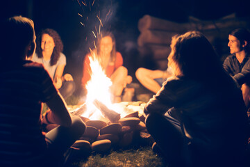 Friendship group sit round a bright campfire at night