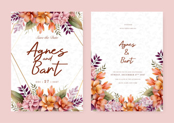 Orange and pink peony beautiful wedding invitation card template set with flowers and floral