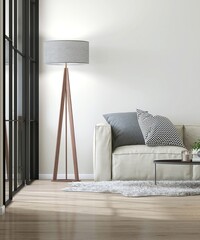 Cream daybed sofa in modern, luxury living room with coffee table, tripod floor lamp in sunlight...