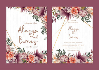 Fototapeta premium Orange and brown peony set of wedding invitation template with shapes and flower floral border