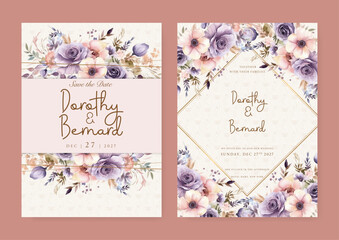 Pink and purple violet peony and poppy wedding invitation card template with flower and floral watercolor texture vector