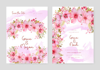 Pink sakura luxury wedding invitation with golden line art flower and botanical leaves, shapes, watercolor