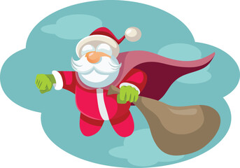 Superhero Santa Claus Flying with his Gift Bag Vector Illustration. Santa hero delivering presents on time during winter holidays 
