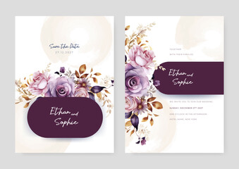 Purple violet rose elegant wedding invitation card template with watercolor floral and leaves