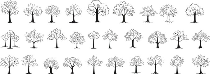 tree Hand drawn vector abstract minimalistic line art trees graphic drawing set 
