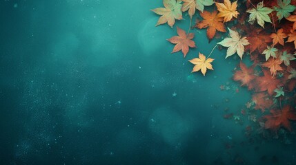 Fototapeta na wymiar space for text on green textured background surrounded by autumn maple leaves, background image, AI generated