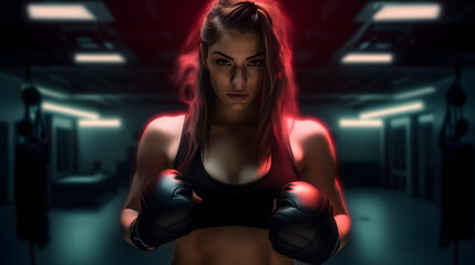 Beautiful young female boxer with boxing gloves standing on ring at gym, pretty woman trains in boxing rings