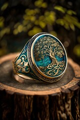 yggdrasil on a mountain engraved in cloisonne ringerike knotwork ring 