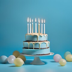 Birthday Cake with Six Candles on Pastel Blue Background with Copy Space