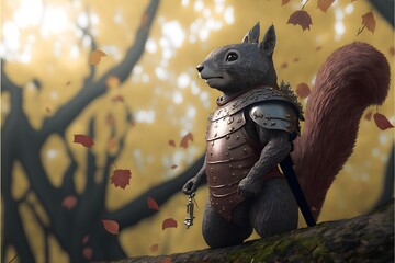 in the style of manga Squirrel Hero leaf armour fullbody shot fantasy battlefield natural lighting dark fantasy strong colors extreme detail 8k 