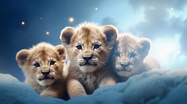 space for text on textured background surrounded by cute lion cubs, background image, AI generated
