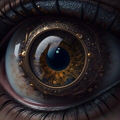 closeup photography eye cyberpunk mechanical pupil hyper realistic 4k intricate details 