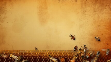 Fototapeta premium space for text on textured background surrounded by honey bees, background image, AI generated