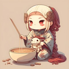 Kawaii Axolotl Eating Ramen Noodles traditional outfit15 chibi lineart1 simple075 extra fingers missing parts duplication disfigured05 