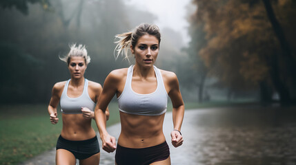 Two young athletic woman friends during running workout in the park, healthy fitness woman jogging outdoors
