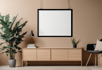 A mock-up of a painting showing a large-sized square canvas standing next to plants. High quality photo.