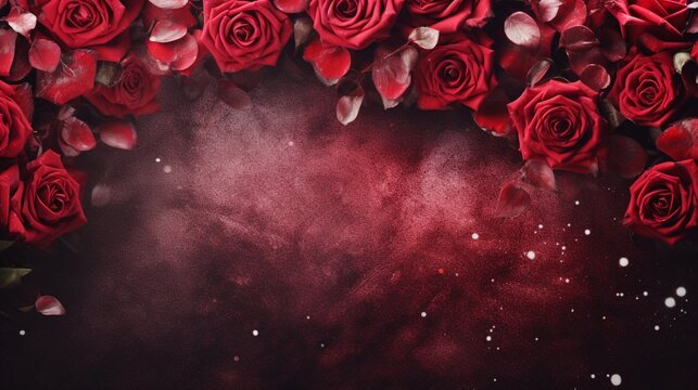 space for text on textured background surrounded by red roses flowers, background image, AI generated