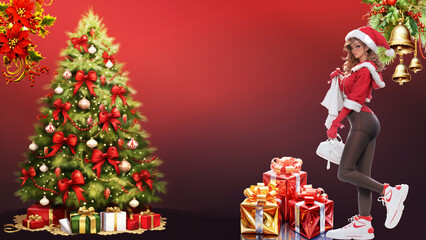 a woman in a santa outfit standing with gift boxes and christmas tree . poster with copy space