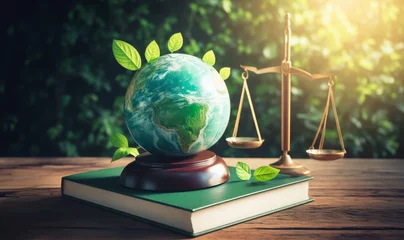 Foto op Plexiglas International Law and Environment Law.Green World and gavel on a book with scales of justice. law for global economic regulation aligned with the principles of sustainable environmental conservation © Marpa