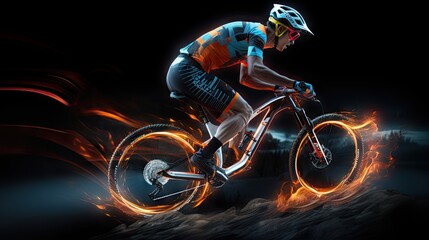 3D image of a mountain bike race complete with neon lights